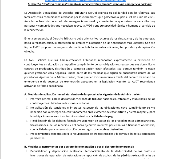 Comunicado de la Asociación Venezolana de Derecho Tributario